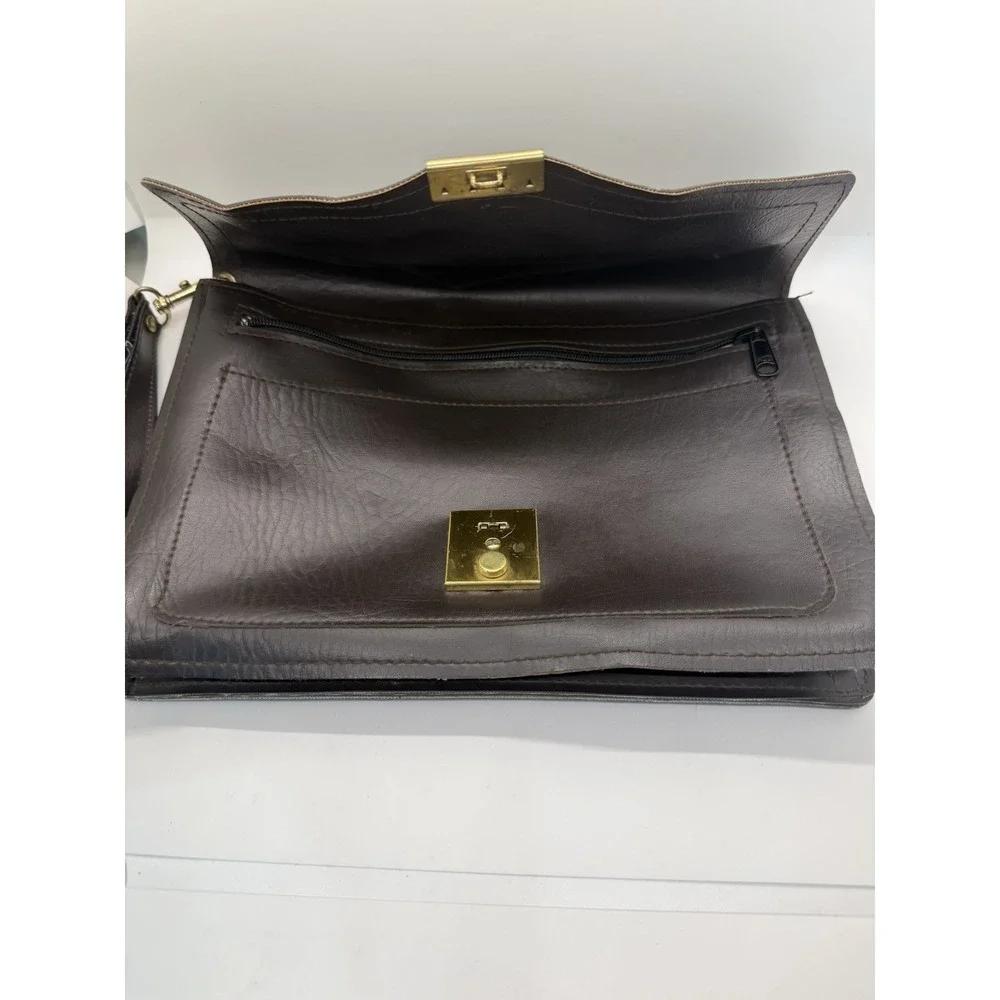 VTG Brown Leather Briefcase Gold Tone Lock & Key 12x8 Slim Portfolio Attache Bag